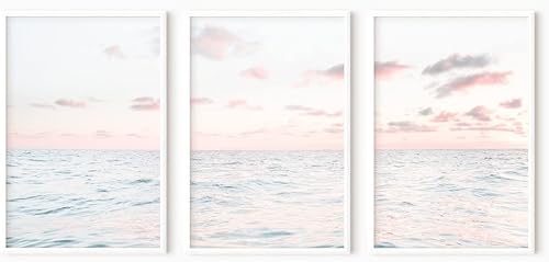 Miniatura 2 de NATVVA 3 piezas de impresiones de paisaje oceánico, impresiones de puesta de sol rosa, pósteres de arte de pared, pintura en lienzo para obras de