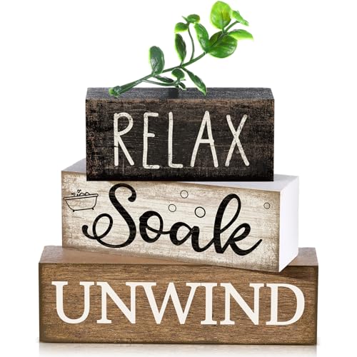 Image of Moucuny 4 Pcs Bathroom Shelf Decor Sign Farmhouse Bathroom Decor and Accessories Rustic Eucalyptus Leaves Wood Block Sign Gift Relax Soak Unwind Farmhouse Table Centerpiece for Home Toilet
