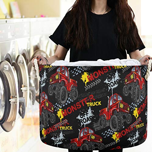 Image of visesunny Collapsible Large Capacity Basket Cool Monster Truck Clothes Toy Storage Hamper with Durable Cotton Handles Home Organizer Solution for Bathroom, Bedroom, Nursery, Laundry,Closet