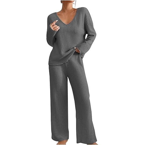 2 Piece Sets for Women Fall Knit Sets Casual Long Sleeve V Neck Top Wide Leg Pants Fall Winter Ribbed Lounge Outfit