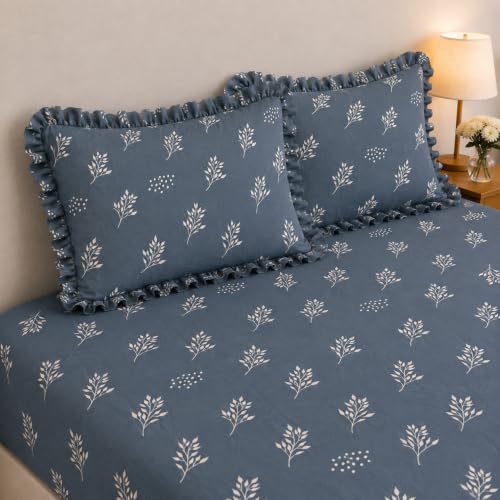 Image of King Size Fitted Bedsheet for Double Bed | 300 TC Cotton Feel Microfiber | All Around Elastic with 2 Frill Pillow Covers | Soft & Durable | (Design10, Fitted - 72 x 78 Inch King)