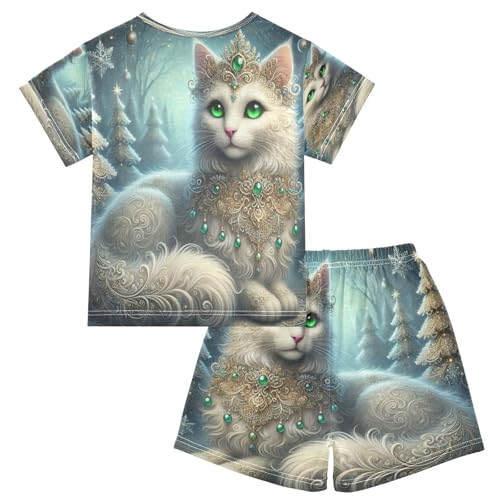 Winter Cat Christmas Trees Cute Pajama Set Short Sleeve Pajamas Shorts Sets Cotton Soft Loungewear Sleepwear 5Y2