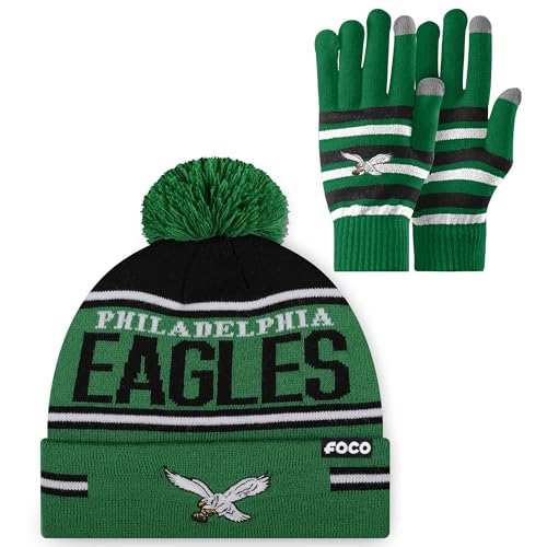 FOCO Philadelphia Eagles NFL Kelly Green Stretch Glove & Big Wordmark Stripe Pom Beanie - Bundle