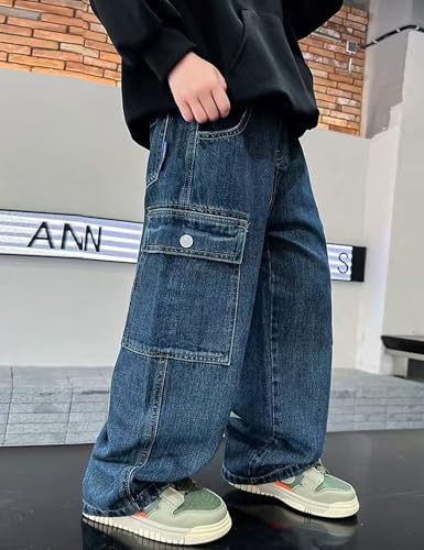 Boy's Baggy Jeans Y2k Elastic Waist Pull On Denim Pants Straight Wide Leg Jeans for Kids 6-14 Years3