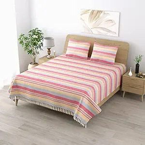 V?rde 210 TC Kerala Handloom Cotton Bedsheet | Double Bedsheet with 2 Pillow Covers | Woven Striped Bedcover | All Season Comfort | Bedsheet 240cm x 220cm Pillow 68cm x 43cm | Muted Pink