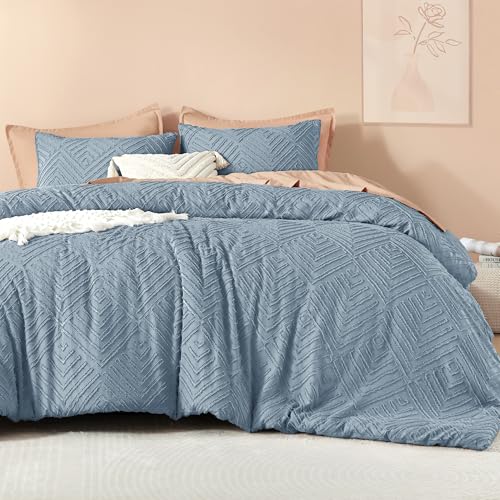 Image of Litanika Grayish Blue Queen Comforter Set, 3 Pieces Tufted Boho Farmhouse Bedding Comforter Sets, Lightweight Fluffy Comforter Bed Set for All Season (90x90In Comforter and 2 Pillowcases)