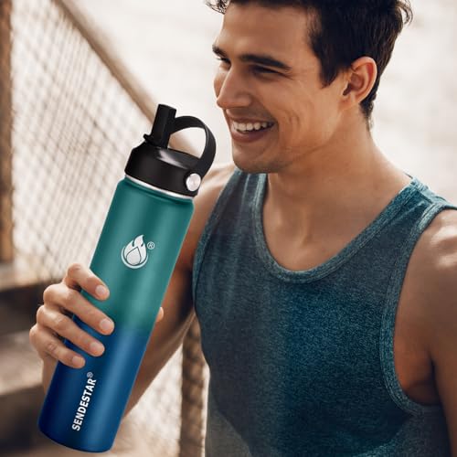 Image of SENDESTAR Insulated Water Bottle 24 OZ, Wide Mouth 24 oz Water Bottle with Straw Lid, Spout Lid, Double Wall Vacuum Stainless Steel Leak Proof, Keeps Liquids Hot or Cold (Green & Blue)