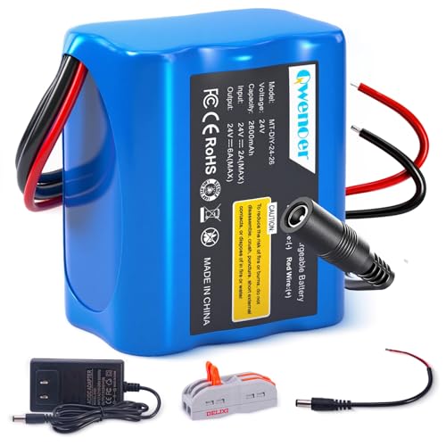24V 2.6Ah Lithium Battery, 24V Rechargeable Li-ion Battery with Charger, Bare Leads Wire, Cable Connector for Kids Ride On Cars, DIY Project, RC Car, Robot, Solar Panels, LED Light Strip, CCTV Camera
