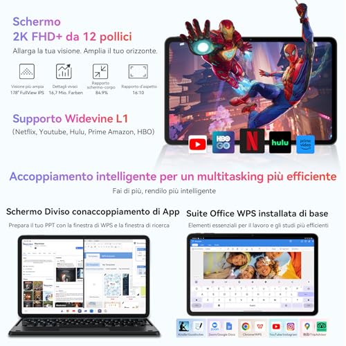 Blackview Mega2 Tablet 12 Pollici Android 15, 24GB RAM+256GB Rom(Tf 2TB), 2K Fhd Ips Display Gaming Tablet, Dual 4G LTE+5G Wifi,Octa Core T615, 9000 Mah,Widevine L1, Face Id, Gps Con Custodia & Penne - 2