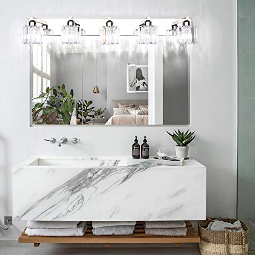 Image of Aipsun Crystal Bathroom Vanity Light Stainless Steel Modern Vanity Light 5 Lights Crystal Bathroom Vanity Light Fixtures (Exclude Bulb)