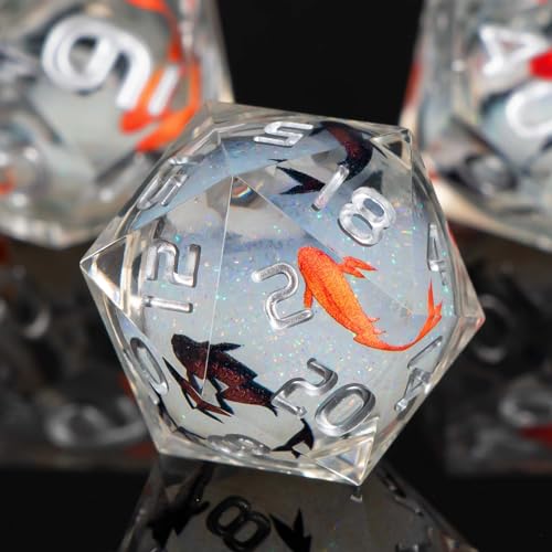 KERWELLSI Sharp Edge Resin Dice Set, 7Pcs Polyhedral Liquid Core Koi Fish DND Dice with Gift Box, Float Sticker D and D Role Playing Dice D20 D12 D10 D8 D6 D4