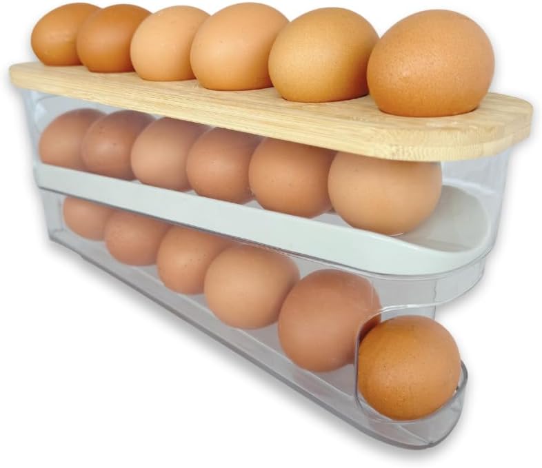 18 Egg Dispenser for Refrigerator – Durable Organizer with Wooden Lid, Space-Saving Egg Storage Bin for Freshness, Kitchen Organization, Easy Access & Stylish Design