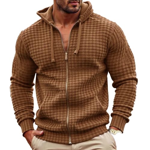 Mens Waffle Long Sleeve Hoodies Fashion Full Zip Up Drawstring Hooded Sweatshirts Fall Casual Loose Athletic Jackets Brown