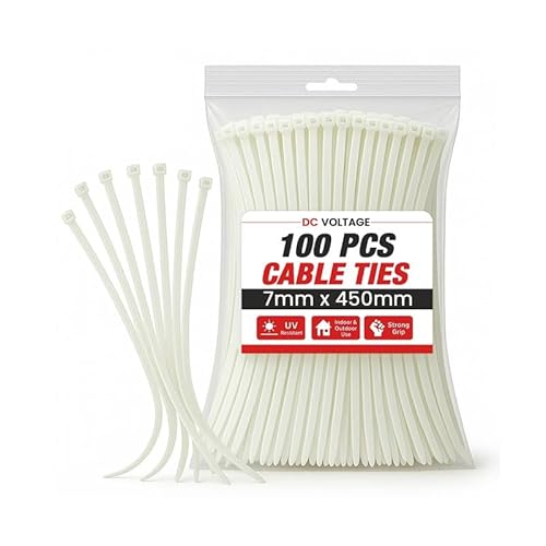 DC VOLTAGE 100 bridas de 450 mm x 7 mm, color blanco, resistentes a los rayos UV, resistencia a la tracción de 55 kg, resistencia a la tracción para HVAC al aire libre, ultra fuertes, autobloqueo