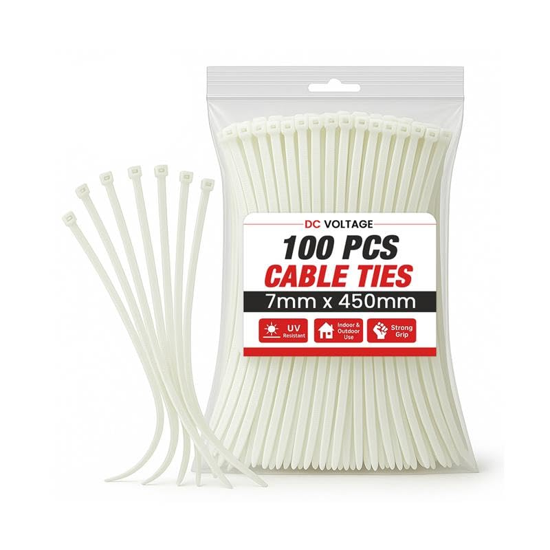DC VOLTAGE 100Pcs 450mm x 7mm White Long Heavy Duty Cable Tie Wide UV Resistant 55KGS/121LBS Tensile Strength for HVAC Outdoor Construction,Ultra Strong Self Locking Extra Long Zip Tie Wraps