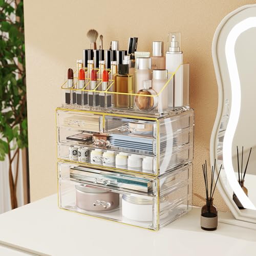 Delamu 3pc 6-Drawer Makeup Organizer, Gold Trim