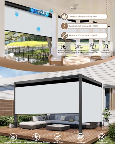 Image of Kincmo Motorized Outdoor Shades for Patio Porch, Custom Outdoor Motorized Blinds with Remote, Waterproof & Windproof Patio Shades Work with Apple Home,Alexa,Google (White Grey-0% Openness)