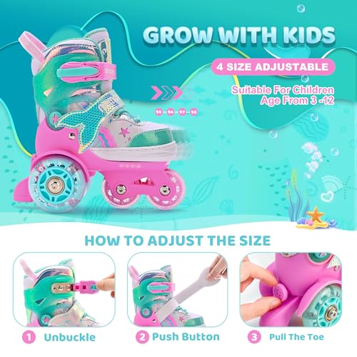 Image of NEMONE Mermaid 4 Size Adjustable Light up Roller Skates for Girls, Green Rose Skates for Toddlers, Beginner Kids Roller Skates Indoor Outdoor (Green XS New)