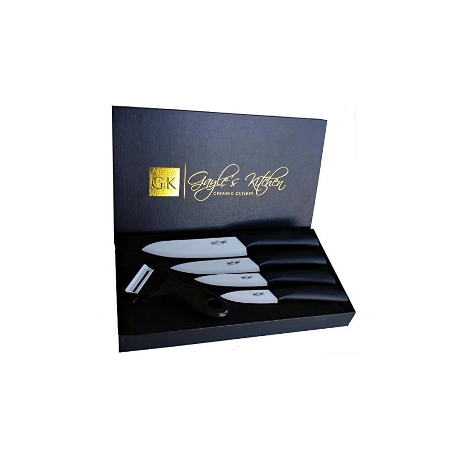 Serrated Black Ceramic Knife Set with 5" Serrated Knife. Includes 3”, 4”, 5”, 6” Ceramic Knives, Matching Sheaths and a Matching Vegetable Peeler in a Black Gift Box