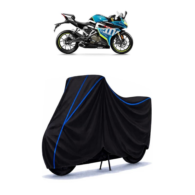 Image of CFMoto 250 SR Bike Cover Water Resistant Universal Motorcycle Rain | Heavy Duty UV Protection, Dust, Scratch Indoor Outdoor All Weather with Black Blue Piping Elastic