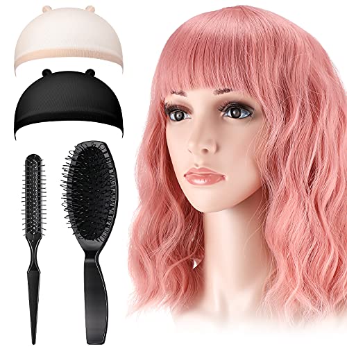 12 Inch Women Wig Colorful Short Hair Wavy Wig Medium Length Synthetic Wig with 2 Wig Caps and 2 Wig Comb Set for Girl Costume Party Wig (Pink)