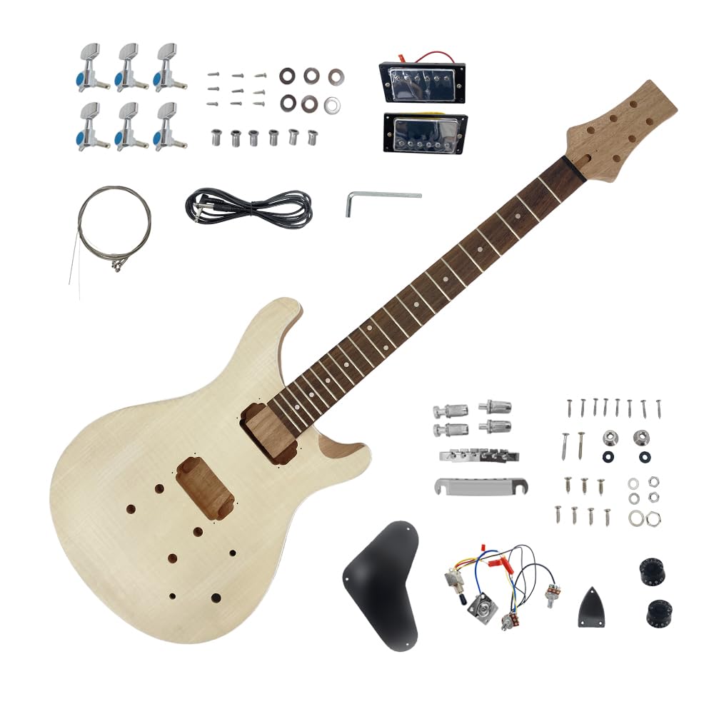 Yinfente Kit de guitarra de bricolaje con cuerpo de caoba, cuello de caoba con diapasón de palisandro, 6 cuerdas, kit de guitarra eléctrica con todos los componentes para construir tu propia guitarra