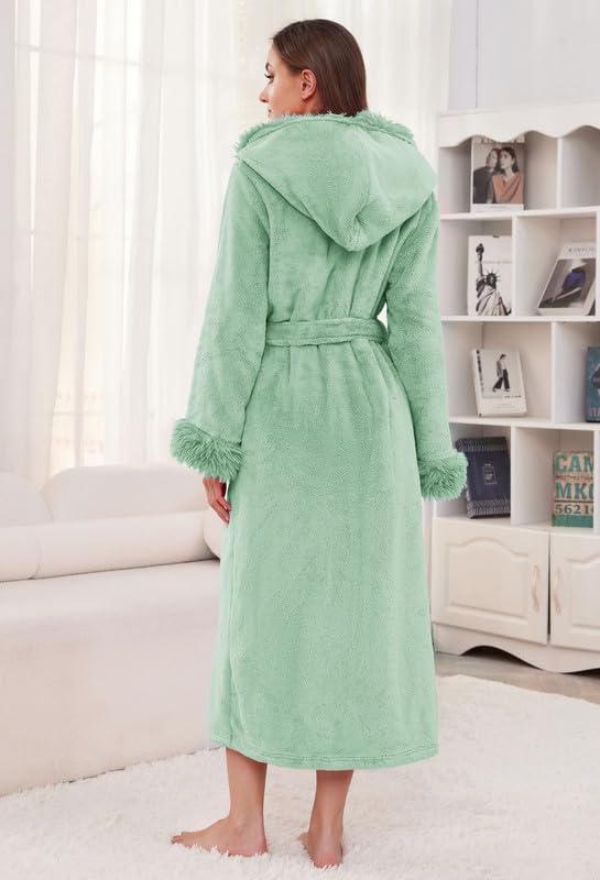 LYCY Womens Hooded Plush Long Robe, Soft Warm Fleece Bathrobe for Women Fluffy Cute Spa Robe - Image 5