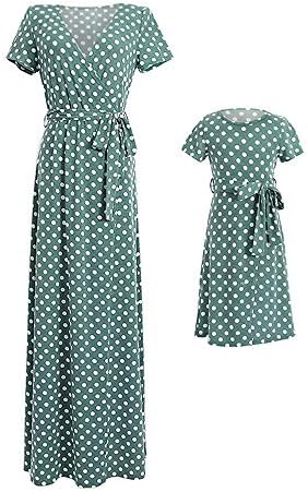 Mommy and Me Dresses V Neck Vintage Polka Dot Party Maxi Loose Dress with Belt