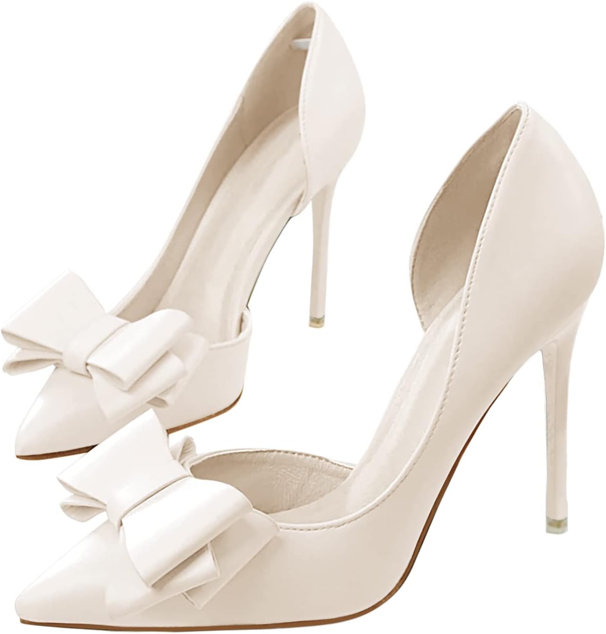 Womens Bow Heels Closed Pointed Toe Dress Shoes Stiletto Slip on Wedding Pumps White