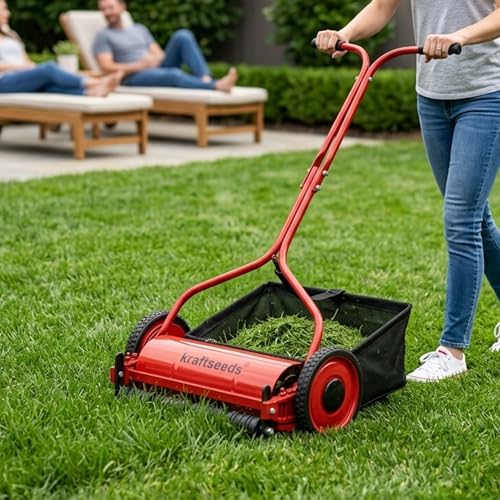 Image of Kraft Seeds 16 Inch Manual Lawn Mower Grass Cutting Machine, 6 Blade Push Reel Mower with Height Adjustable Eco Friendly Garden Grass Cutter Machine