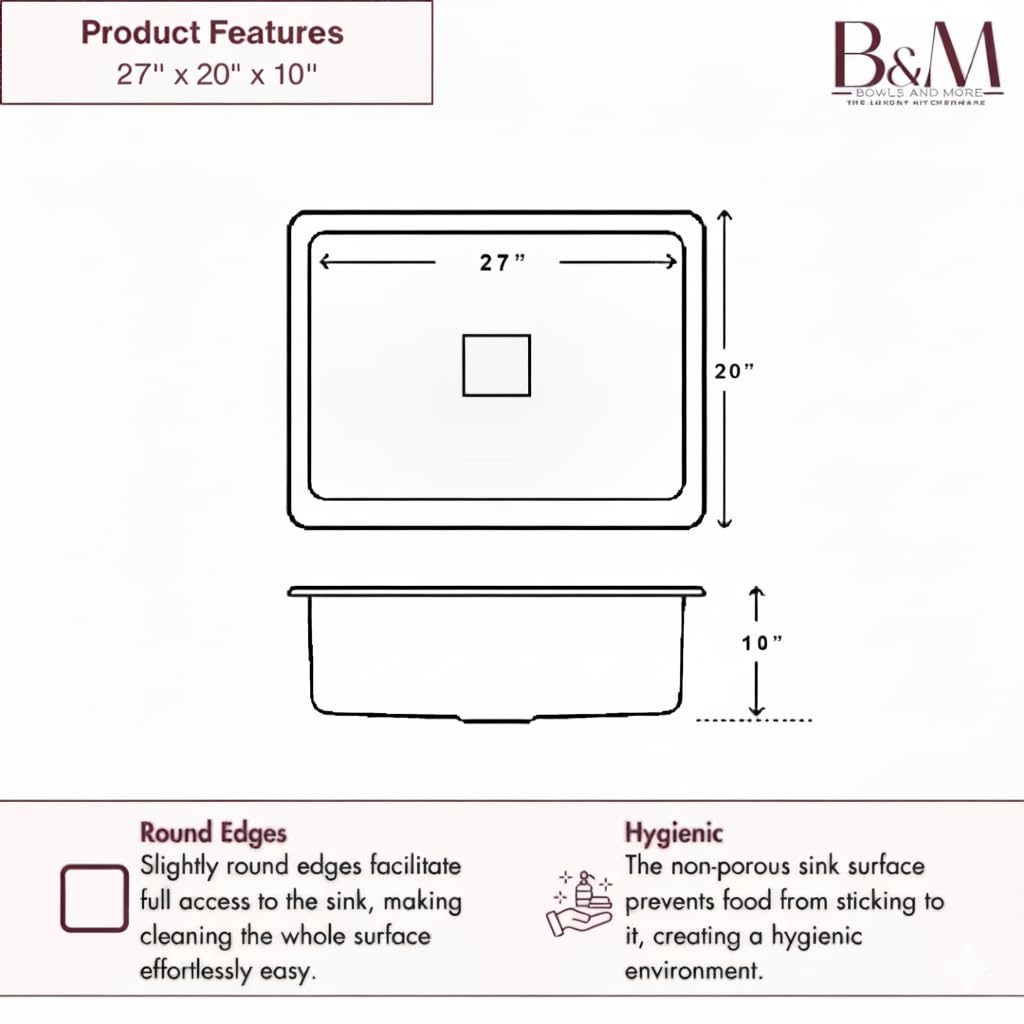 Bowls & More | Single Bowl | 27" X 20" X 10" Premium Handmade Kitchen Sink | Sound Proof Single Bowl Stainless Steel Matt Finish (SILVER) 3