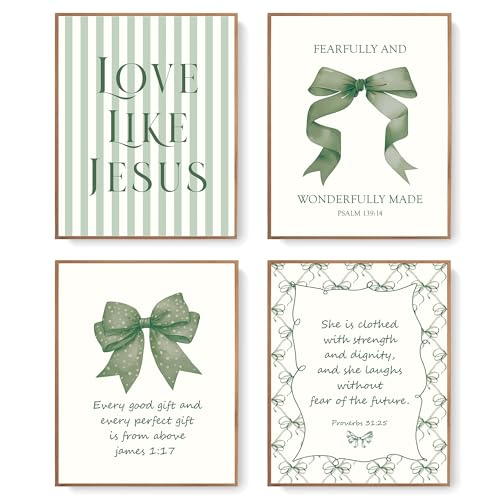 LARTSFRO Coquette Green Bow Jesus Wall Art Decor Posters, Olive Green Bow Christian Room Bedroom Bathroom Dorm Wall Art Decor Aesthetic for College Teen Girls Gifts, Inspirational Bible Verses Bow Wall Decor, 10x8 Inch Set of 4 Bow Pictures(UNFRAMED)