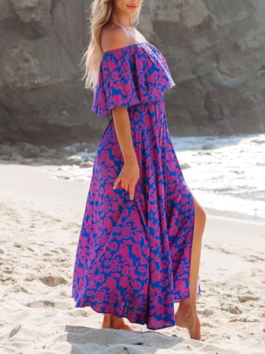 Image of CUPSHE Women Ruffle Floral Maxi Summer Dress Off Shoulder Short Sleeve Backless Flounce Bodice Slit Hem Beach Dresses