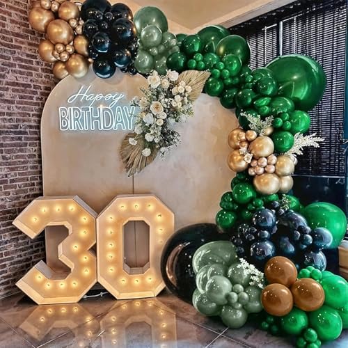 Image of Green and Brown Balloon, 60Pcs 12Inch Dark Green Black Metallic Gold Latex Balloon, Metallic Avocado Tan Chrome Gold Balloons for Camo Camping Game Army Jungle Safari Theme Birthday Party Decor