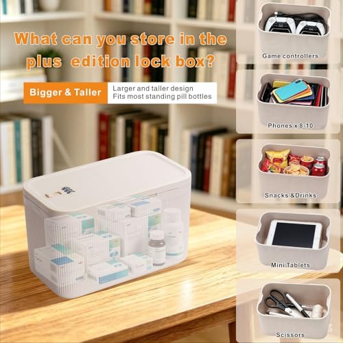 Image of Small Medication Lock Box with Combination Code, Lockable Storage Box for Pills /Snacks /First Aid Kits, Phone /Personal Items, Secure Container for Home /Fridge /Office /Travel- Reusable (Beige)