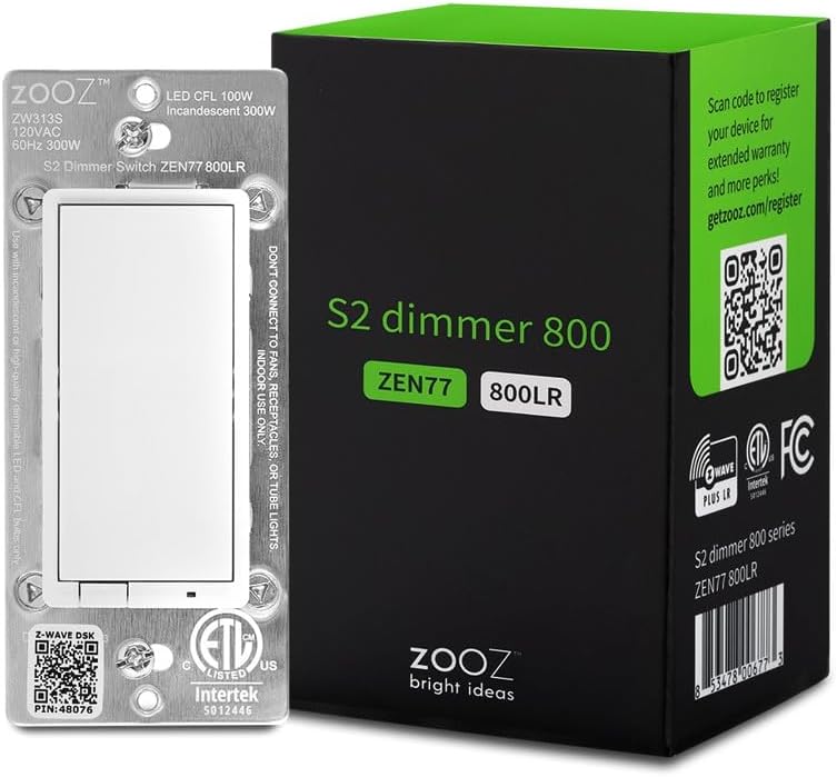 Zooz 800 Series Z-Wave Long Range S2 Dimmer Switch ZEN77 800LR, White | Simple Direct 3-Way and 4-Way Solution (Works with Regular Switches, No Aux Switch Needed) | Z-Wave Hub Required