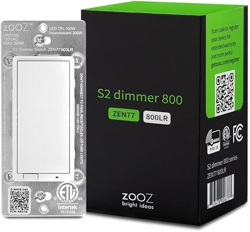 Zooz Serie 800 Z-Wave - Interruptor de atenuación S2 de largo alcance ZEN77 800LR, color blanco Solución directa simple de 3 y 4 vías (funciona con