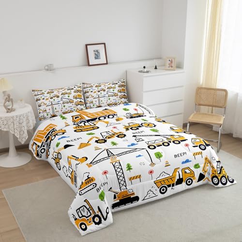 Image of Feelyou Construction Truck Bedding Set Kids Boys Cartoon Excavator Vehicle Tractor Cars Comforter Set Twin Size Machinery Equipment Duvet Insert Yellow Decor