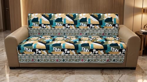 Image of Luxury Sofa Cover L Shape 6 Seater with Matching Cushion Cover 16x16 inch - Teal Abstract Floral 3+3 Seater (6 Seater) Quilted Sofa Cover Set Pack of 11, Washable, Teal Mustard Multi
