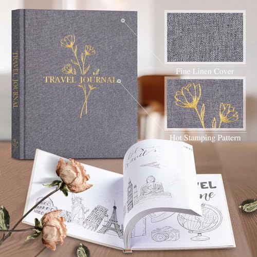Image of Lanpn Travel Photo Journal Notebook for Women Men, Linen Travel Log Diary Scrapbook Memory Book with Prompts, Anniversary Journals Traveling Gifts (Grey, 110 Pages)