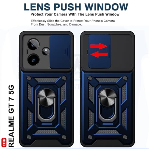 Image of AESTMO Tough Armor Realme GT 7 5G / Realme GT 7T 5G / GT 7 Dream Edition Bumper Back Case Cover | Ring Holder & Sliding Camera Shield Cover | 360 Degree Protection Back Case Cover (Blue)