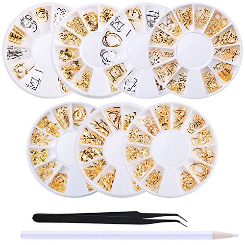 WOKOTO 7 Boxes Gold Hollow Nail Studs 3D Punk Metal Rivet Shell Feather Nail Art Jewels Decoration Wheel Manicure With 1Pc Tweezers And Picker Pencil