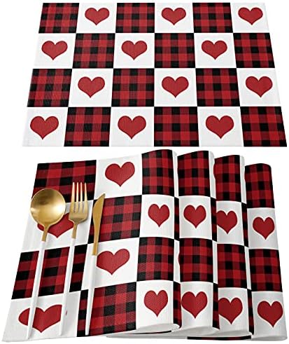 Happy Valentine's Day Placemats Set of 6,Love Heart Shape Black Red Buffalo Plaid Heat-Resistant Placemats for Dining Table,Cotton Linen Non-Slip Place Mats for Farmhouse Banquet Kitchen Table Decor