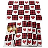 Happy Valentine's Day Placemats Set of 6,Love Heart Shape Black Red Buffalo Plaid Heat-Resistant Pla