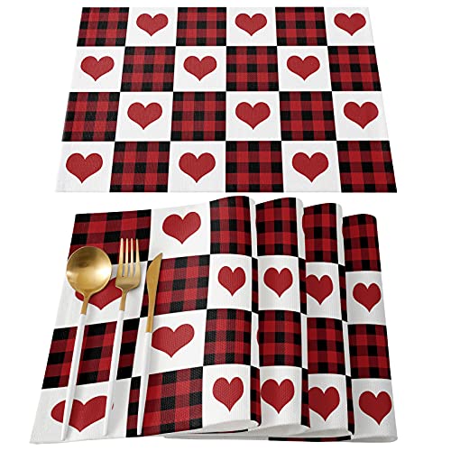 Happy Valentine's Day Placemats Set Of 6,Love Heart Shape Black Red Buffalo Plaid Heat-Resistant Placemats For Dining Table,Cotton Linen Non-Slip Place Mats For Farmhouse Banquet Kitchen Table Decor #TOP17