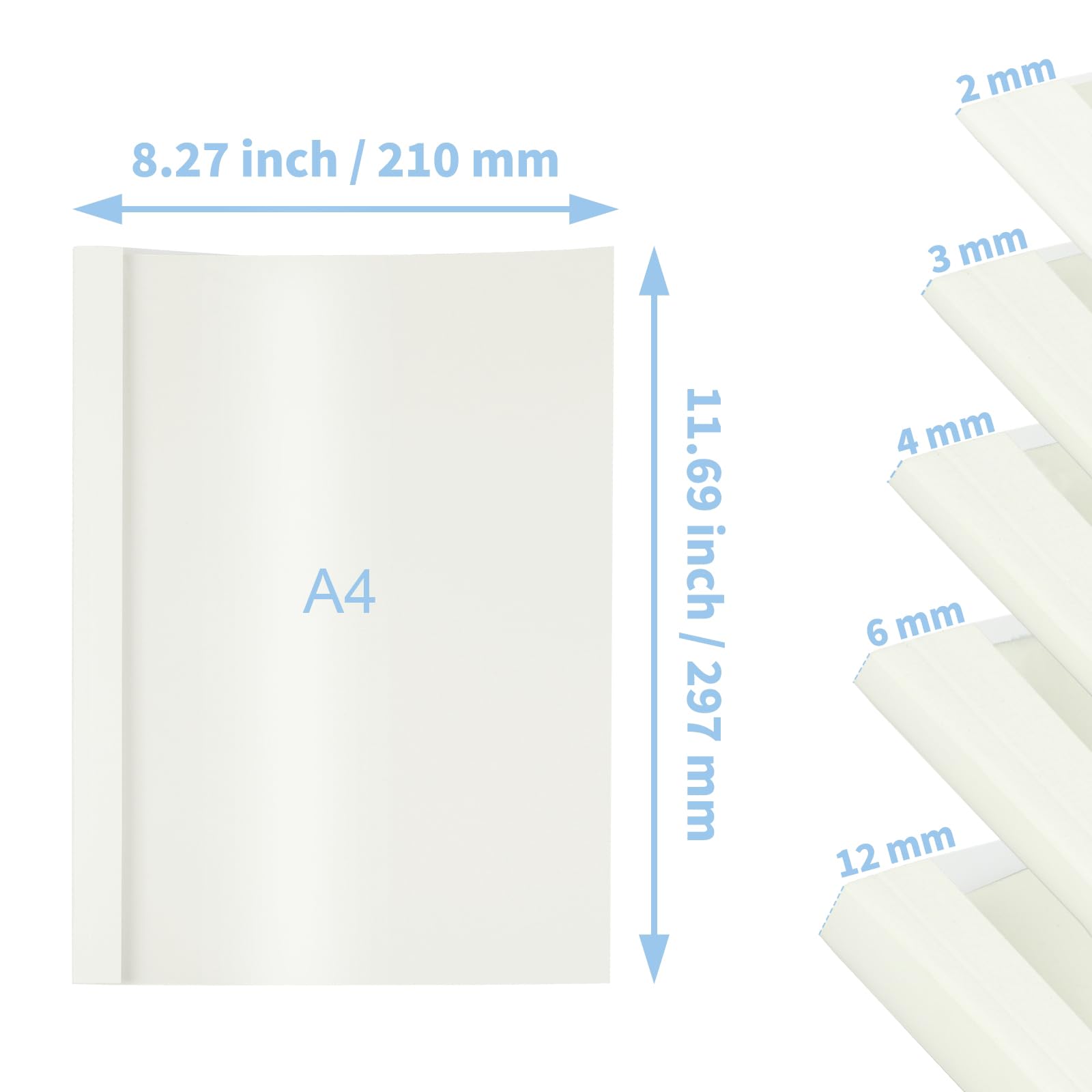 RAYSON Cubiertas térmicas A4, multitamaño: 2 mm, 3 mm, 4 mm, 6 mm, 12 mm, transparente/blanco, pack de 25