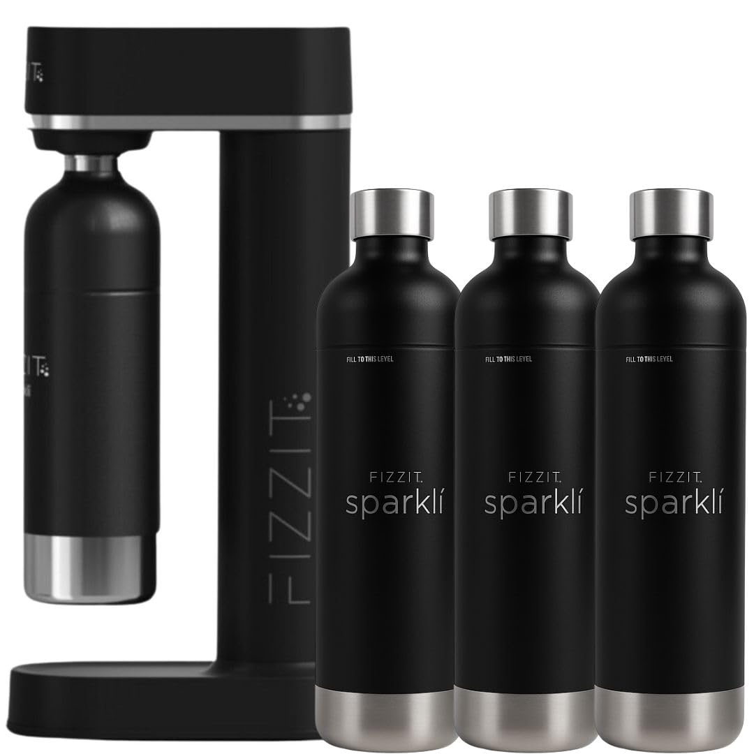 Stainless Steel Black Sparkling Water and Soda Maker Machine with 3 Black Stainless Steel 1L Re-Usable Bottle