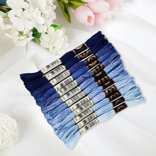 Image of 105 Yards 12 Skeins Gradient 6 Strands Marine Blue Cross Stitch Thread Polyester Variegated Embroidery Floss Friendship Bracelet String Assorted Bulk for Hand Sewing Making Knitting Supply