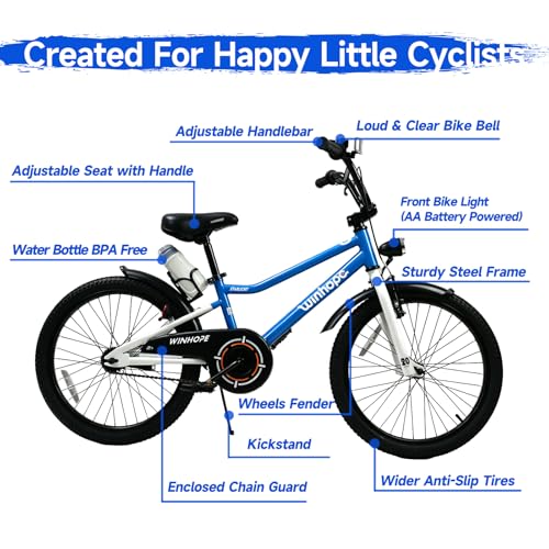 Image of WinHope Kids Bike with Headlight, 12-20 Inch Pedal Bike for 2-12 Boys Girls | Steel Frame with Training Wheels Water Bottle | Dual Brake for Summer Outdoor Riding | Birthday Gift for Toddlers