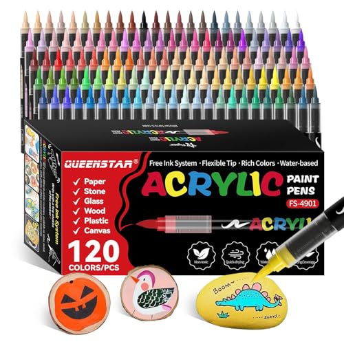 Image of Acrylic Paint Markers Brush Tip, Vivid Colors with Direct-Liquid Ink System, Professional-Grade Paint Pen for Rock Painting, Canvas, Glass, Plastic, Fabric & Creative Crafts (120 Pieces)